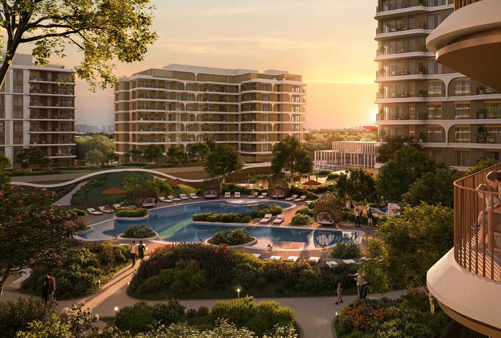 The Canopies at Yas Point: Gebäude und Pools bei Sonnenuntergang