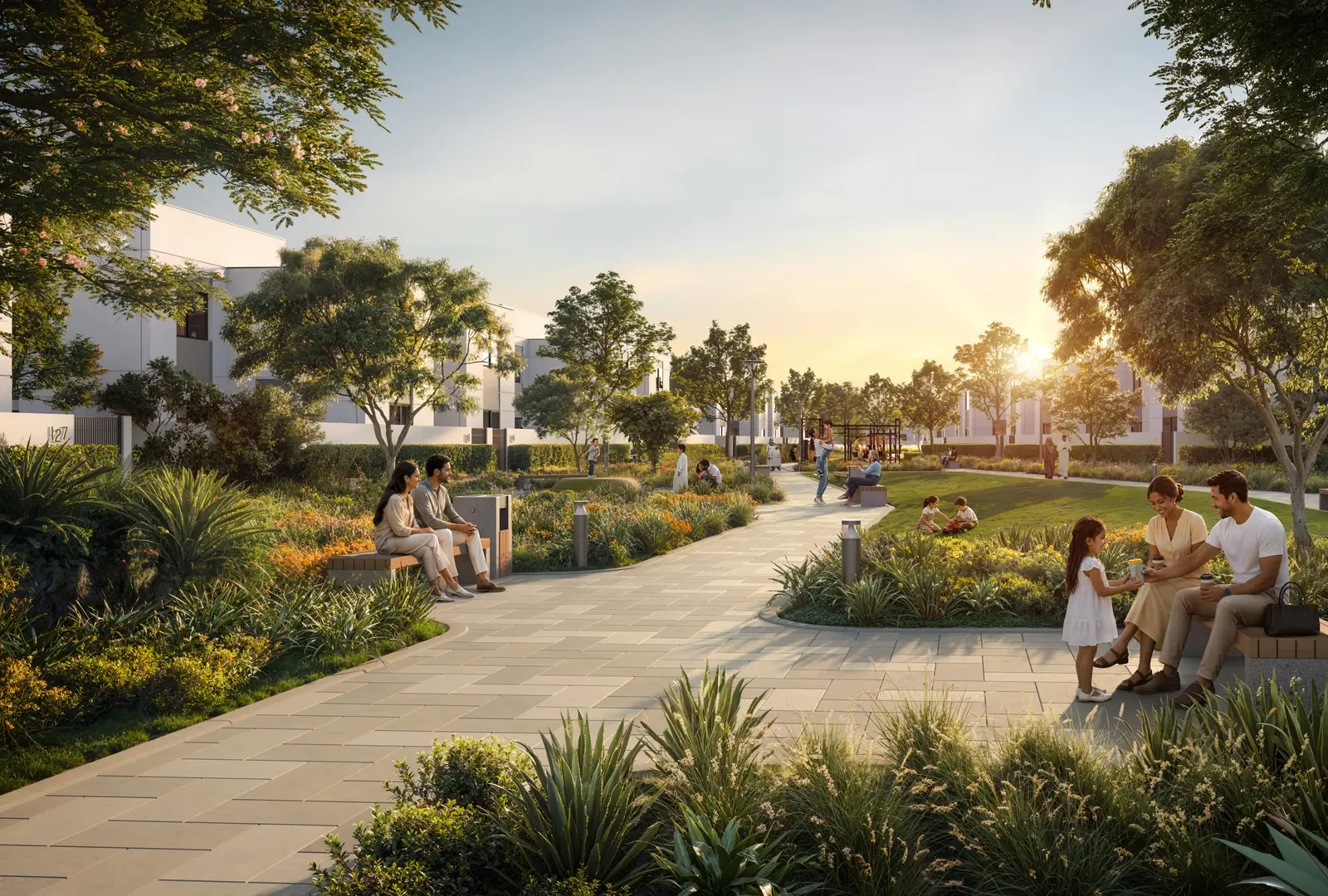Al Ghadeer Gardens II: Parkweg mit Sitzbereichen