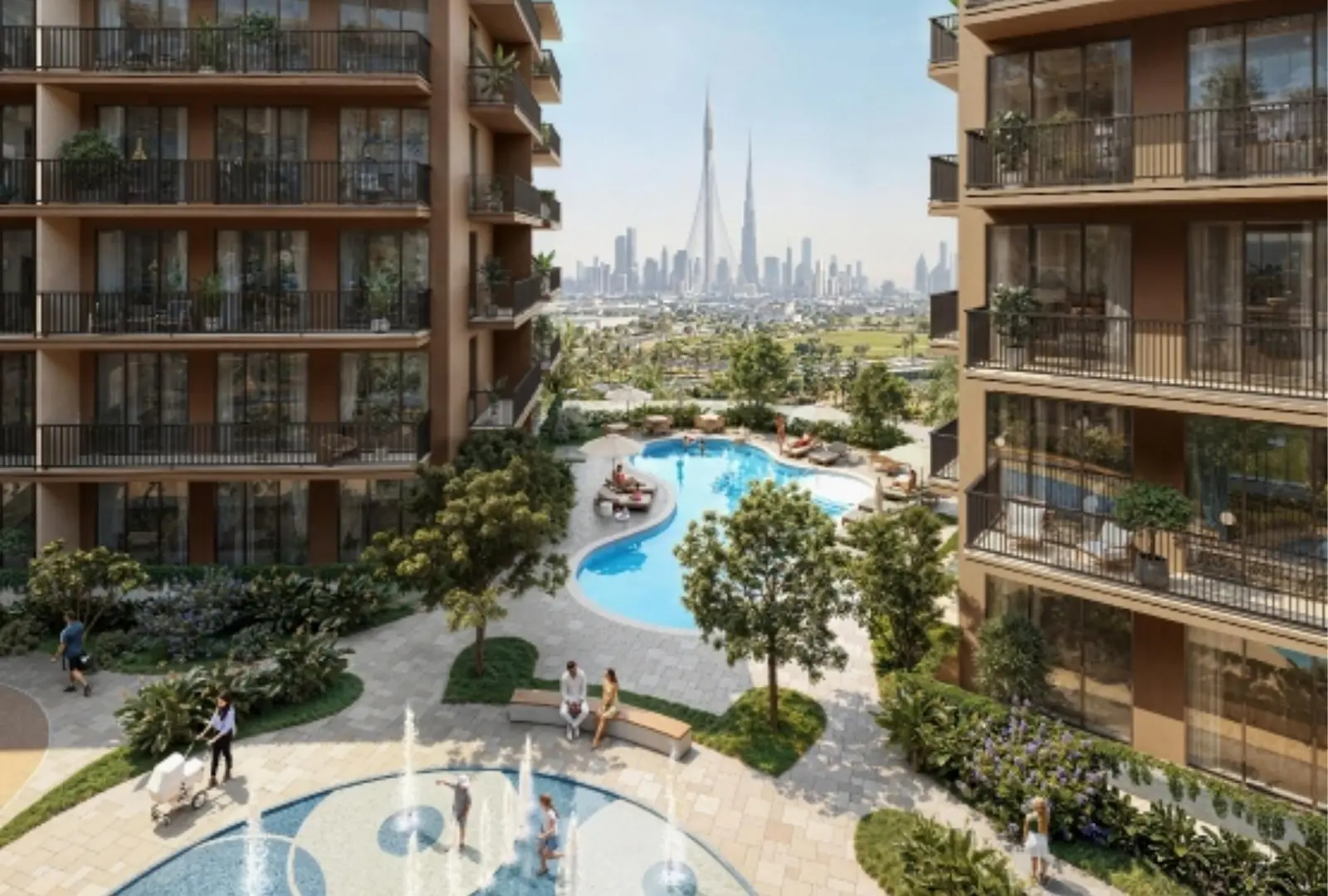 Ayami Residence: Innenhof mit Pool, im Hintergrund die Skyline